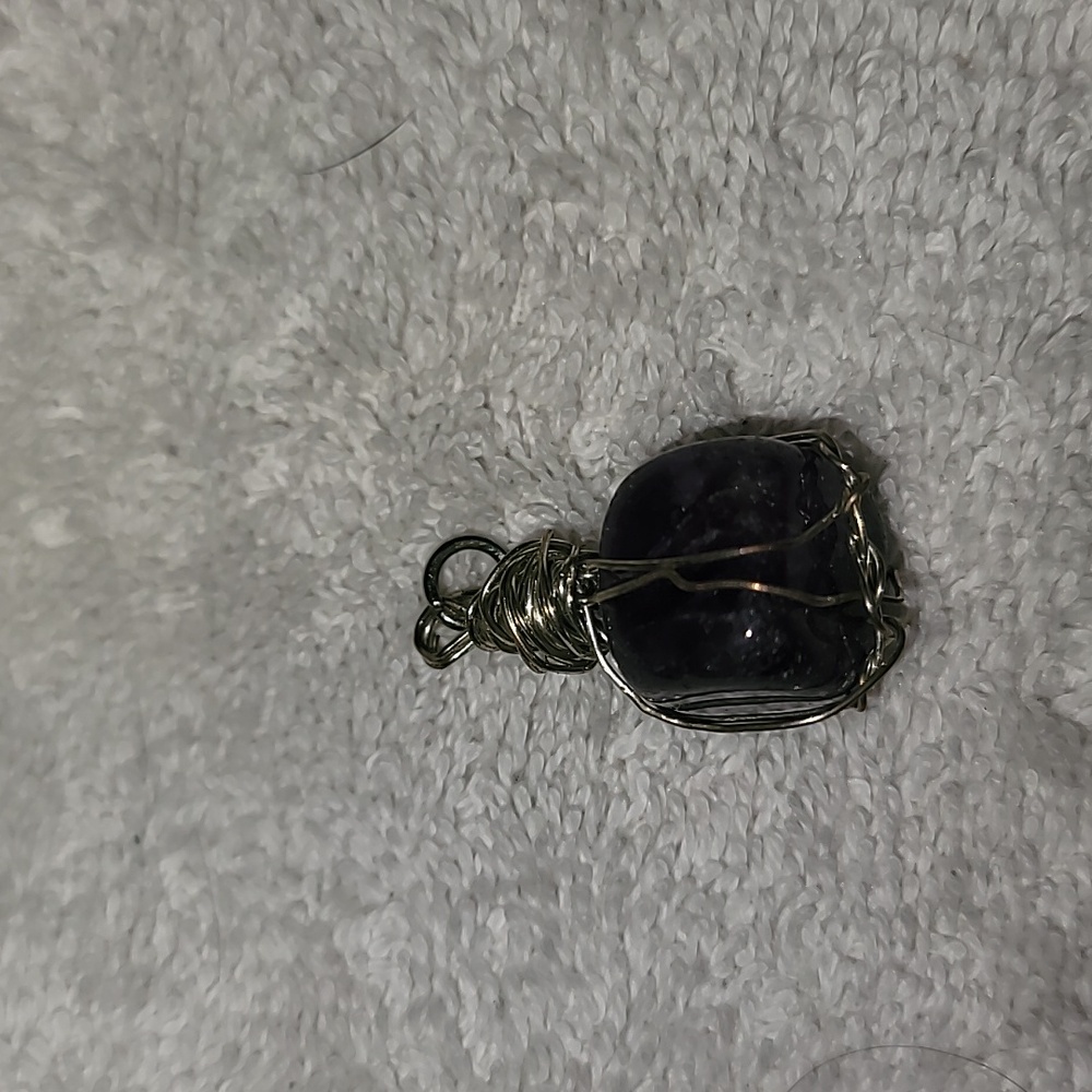 Purple Clear Square Stone Amethyst Wrapped In‎ Silver Wire Pendant